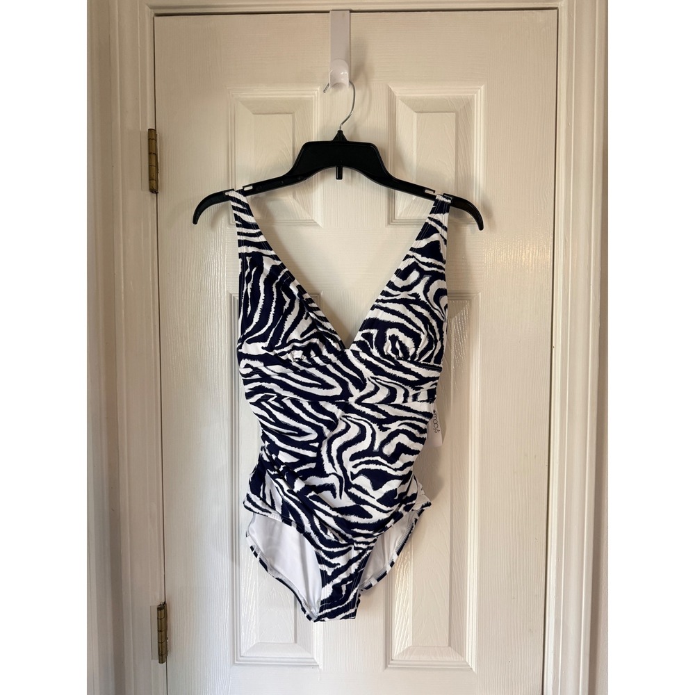 Anne Cole Womens Navy White Zebra Print Ruched One Piece Swimsuit Size 8